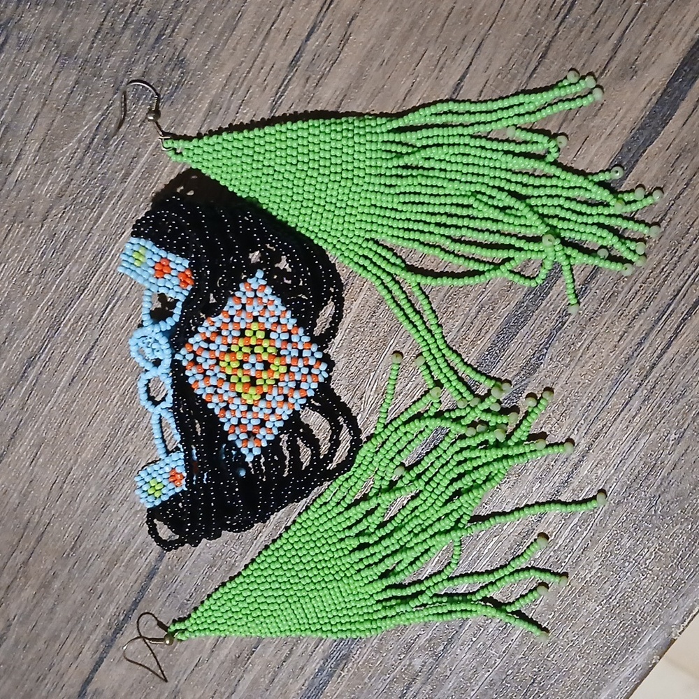 Seed Bead Extra Long Fringe Earrings With Bracelet